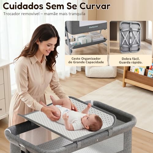 OLANENEM 6 em 1 Berço Portátil, Berço Moisés com Fraldário e Mosquiteiro, Berço Acoplado à Cama com Suporte Triangular de Aço Carbono, 6 Alturas e Inclinação Antirrefluxo 5°(Cinza)