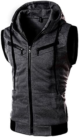 SEENFUN Men's Outdoor Sportswear Sleeveless Zip-up Hooded Vest (Dark gray) S