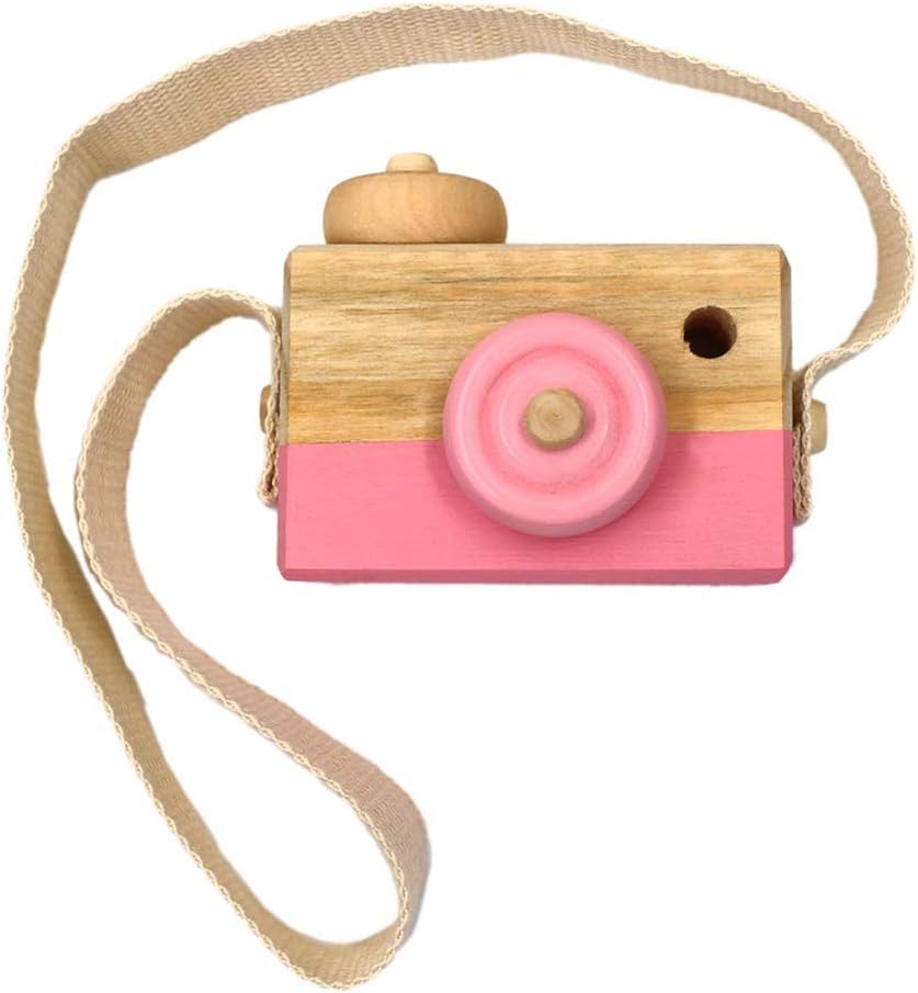 Oyria Kids Wooden Mini Camera Toy, Natural Cute Wood Camera Sharpe Toy with Neck Strap Kids' Room Hanging Decor for Baby Toddlers Children,Pink
