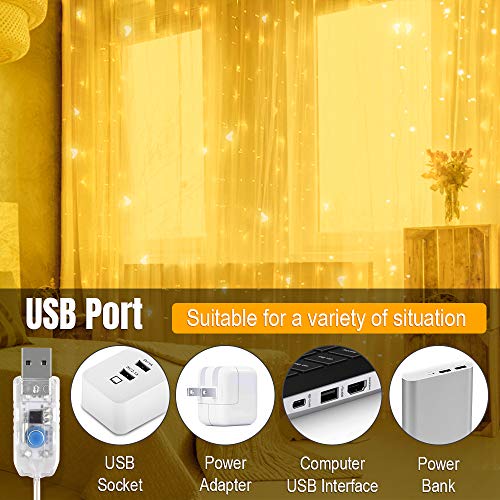 LightsEtc Curtain Light 300 LED Window Curtain String Lights with Remote Timer USB Powered Bedroom Curtain Lights for Party Wedding Home Garden Outdoor Indoor Wall Decoration, Warm White, 9.8 x 9.8 ft
