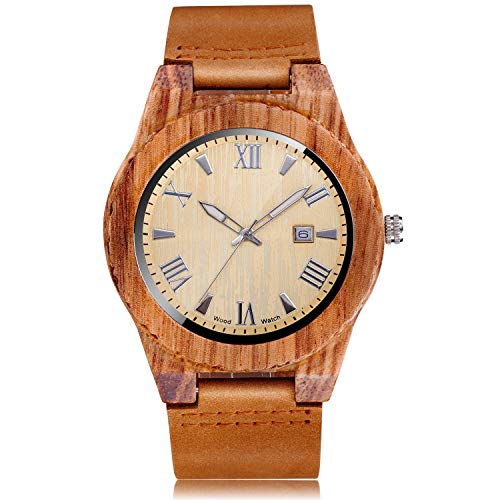 CUCOL Mens Wooden Watch, Large Dial Analog Quartz Bamboo Wood Watch with Cowhide Leather Strap Japanese Quartz Movement Casual Wristwatches