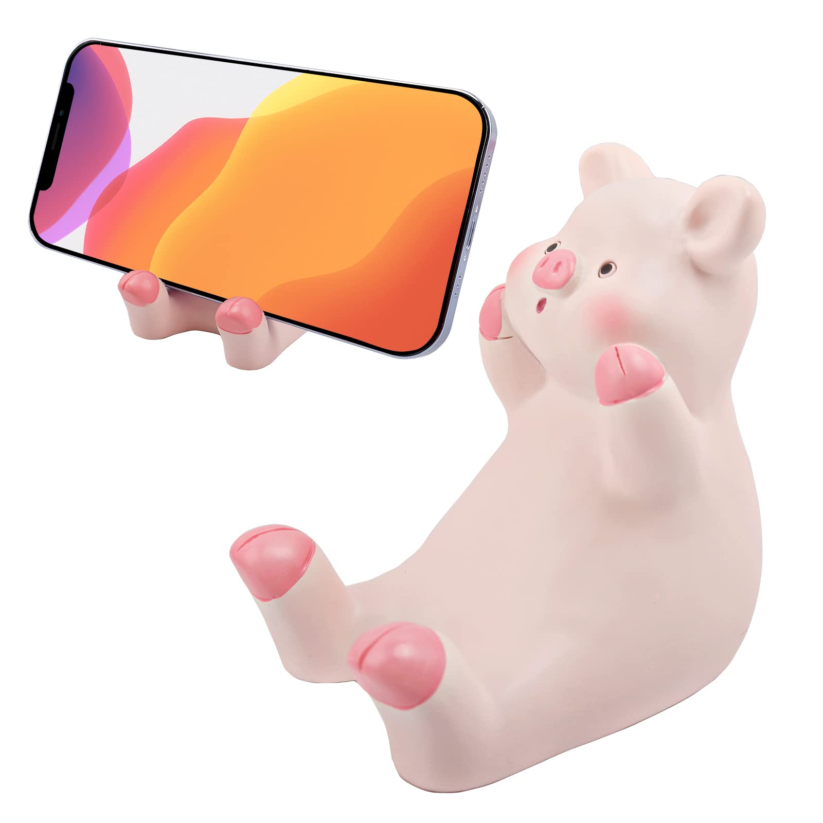 Seninda Cute Pink Pig Phone Stand, Sitting Pig Phone Holder, Resin Animal Desk Accessory for Desk or Bedside