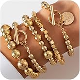 DZSYJKTM 5Pcs Gold Silver Beaded Bracelets Stackable Set for Women Trendy, Vintage Ball Beads Stack Disc Coin OT Buckle Statement Stretch Bracelet Party Jewelry
