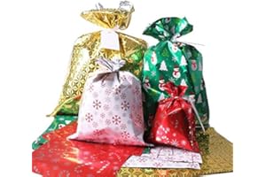 WesGen Christmas Gift Bags, 40Pcs Santa Wrapping Gift Bag in 4 Sizes and 4 Designs, with Ribbon Ties and Tags
