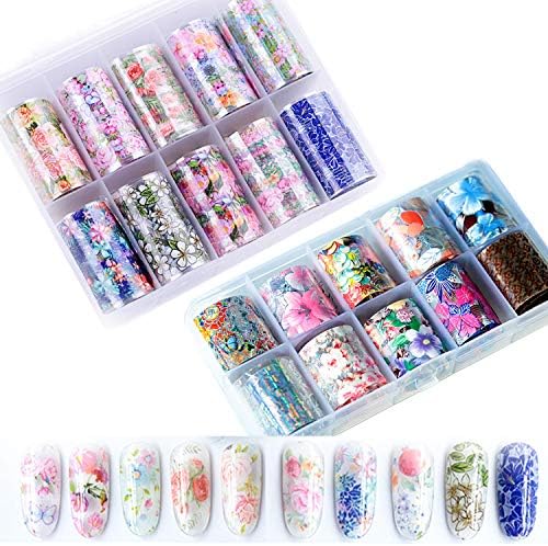 20 Rolls Laser Holographic Nail Art Stickers Colorful Flower Starry Sky Manicure Nail Foil Transfer Sticker Adhesive Wraps Decals Glitter Nail Art Acrylic DIY Decoration Kit