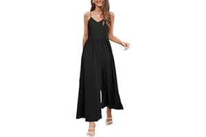 LAISHEN Wide Leg Jumpsuits for Women Casual Summer Floral Adjustable Spaghetti Strap Smocked Long Rompers with Pockets
