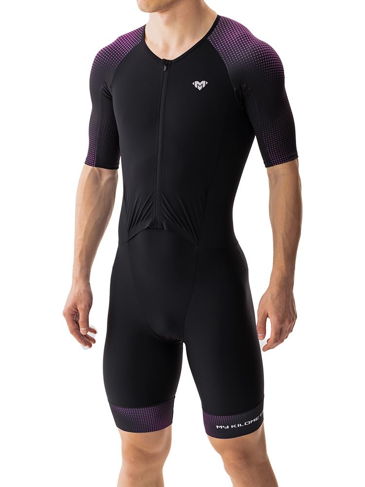 Photo 1 of MY KILOMETRE Men’s Triathlon Suiments Short Sleeve Tri Suit Racing Triathlon Suit – Quick Dry, Padded, Zipper Pocket Purple XL