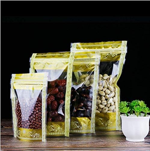 100 PCS Stand Up Bags With Oval Window Zip Lock Top Bags Clear Front Plastic Colorfu Pattern Sample Packets With Tear Notches (Small Size 10x15cm (4x6"), Gold Print)