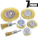 Swpeet 7Pcs Brass Coated Wire Brush Wheel & Cup Brush Set with 1/4-Inch Shank, 7 Sizes Coated Wire Drill Brush Set Perfect For Removal of Rust/Corrosion/Paint - Reduced Wire Breakage and Longer Life