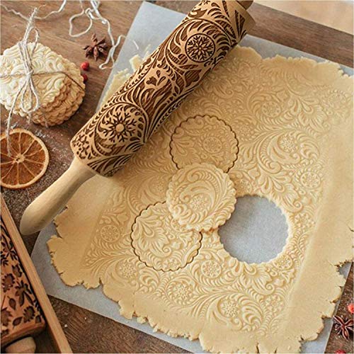 image for Paisley Embossed Wooden Rolling Pin,Evermarket Engraved Embossing Roll