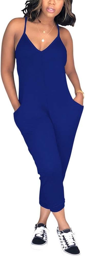 Women Casual Jumpsuit Sleeveless Strap V Neck One Piece Romper Harem Pants Playsuit Overalls