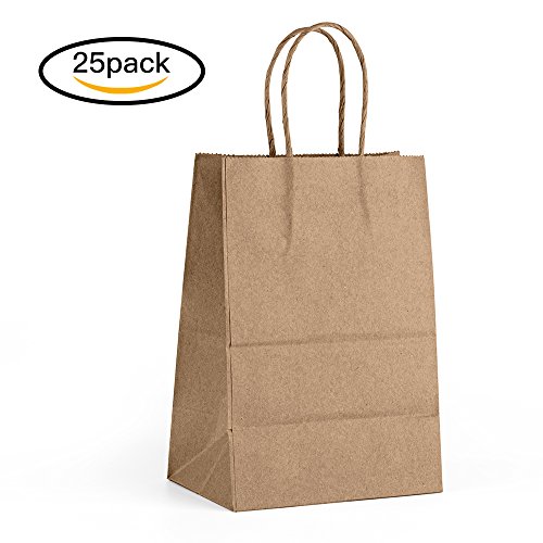 Halulu Brown Kraft Paper Bags - Gift Party Bags with handles - 25pc 5"x3.75"x8" Shopping Bags