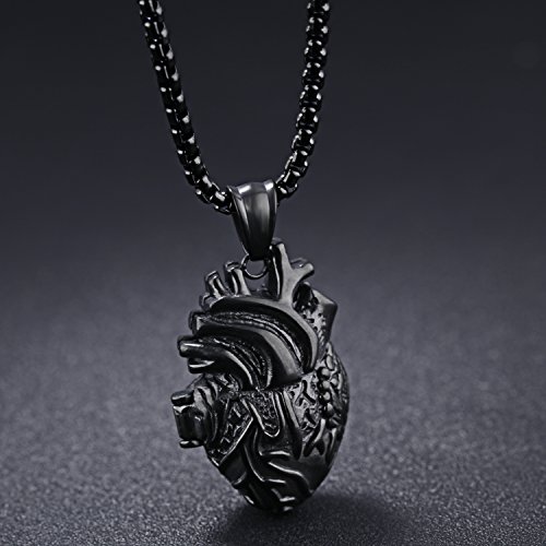 LBFEEL Stainless Steel Anatomical Organ Heart Pendant Black Necklace