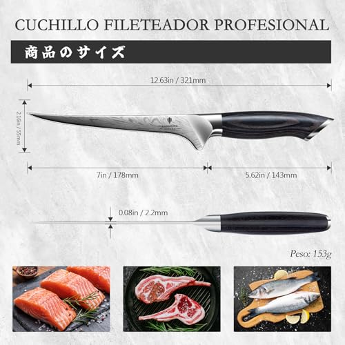 SANMEIHO Cuchillo Pescado de Acero en Polvo, Cuchillo Deshuesador Súper Afilado, Cuchillo Filetear Pescado de Acero con Carbono Extra Duro, Cuchillo de Filete con Mango Ergonómico de Madera de Pakka