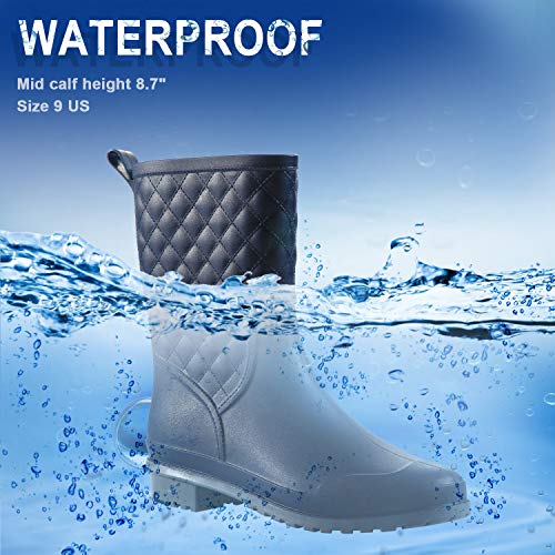 Petrass Women Rain Boots Black Waterproof Mid Calf Lightweight Cute Booties Fashion Out Work Comfortable Garden Shoes