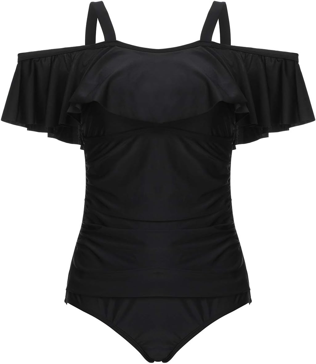 DUSISHIDAN Womens' Retro Flounce One Piece Swimsuit Plus Size Off Shoulder Beachwear Bathing Suit