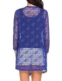 elesol mujeres Sexy de encaje de ganchillo chamarra de punto manga 3 4 beach Cover Up