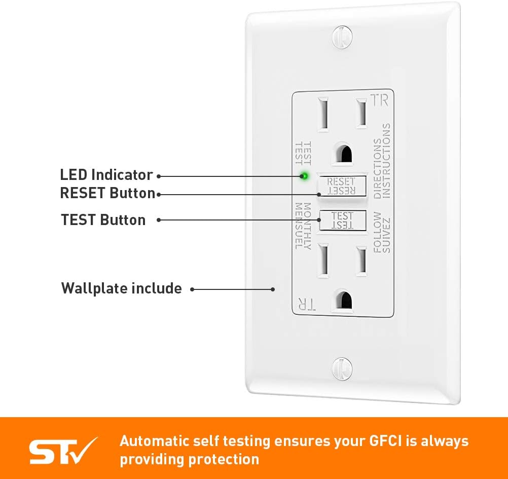 GFCI Outlet 15 Amp, Slim Receptacle Outlet with Status Indicator Light, Outdoor & Indoor, Self-Test Ground Fault Circuit Interrupter with Wall Plate, 1 Pack, White - - 