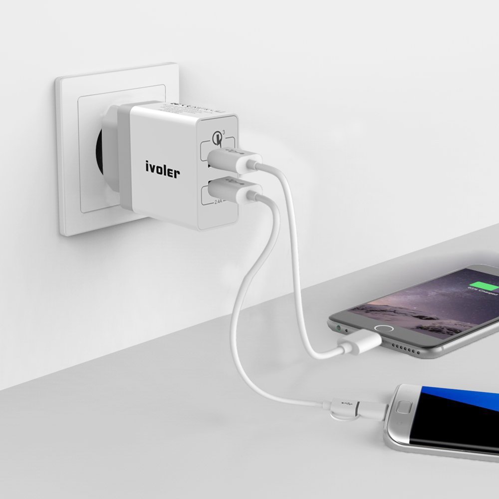 iVoler Quick Charge 3.0 USB C 30W 2-Port USB Wand Ladegerät [QC 3.0 + Qsmart Port 5V /2.4A] Reise Adapter Ladeadapter Charger Ladestecker Netzteil mit 2-in-1 Micro USB & Type C Kabel für Samsung Galaxy S9/S9+/S8/S8+/S7/S7 Edge/S6/S6 Edge/Ed