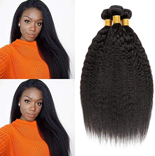 Clarolair Kinky Straight Brazilian Hair Weave Bundle Coarse Yaki Human Hair Bundles Yaki Straight Hair Extensions Non Remy Hair Natural Black Color 95g±5g/Bundle 12 14 16