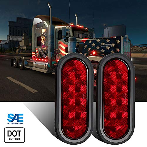 Winunite Oval Red LED Trailer Lights 6 Inch(DOT Certified)- 10 LED Stop/Turn/Tail LED Lights for RV, Trucks and Trailers with Grommet and Plug(Pack of 2)