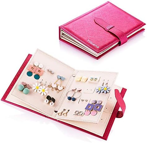 Csinos Jewelry Organizer, Portable Earring Holder Pu Leather Travel Jewelry Organizer Case with Foldable Book Design for Girls Women(Fuchsia)