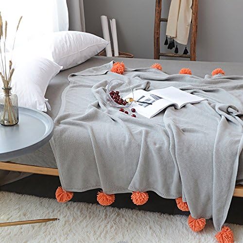 Tenghe Reversible 100% Cotton Knit Blankets Pompoms Fringe Bed Cover Rugs Soft Throws for Bed Sofa Couch(51"X 63",Grey)
