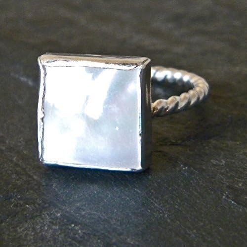 Sterling Silver Statement Ring, Mother of Pearl (shell) Ring, Twisted Band, Handmade Artisan Jewelry