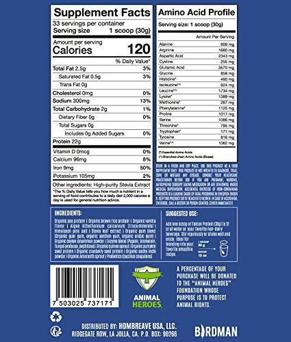 Birdman Falcon Protein, Organic Vegan Protein Powder 2.18 lb, 33 Servings, Vanilla Flavor, Plant-Based, Gluten-Free, Kosher, Non-GMO, Drink Mix, with Pea and Rice