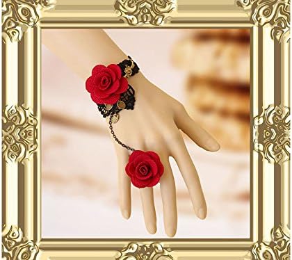 Gothic Lolita Bracelet Bridal Wedding Venetian Retro Lace Bracelet With Ring Slave Halloween Masquerade Dress,Girlfriend Gift (red)