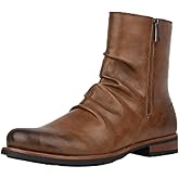 Santimon Men's Ruched Leather Ankle Boots with Side Zipper Casual Dress Comfortable Walking Fashion Booties