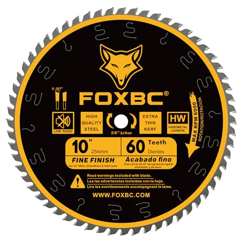 FOXBC 10 Inch Thin Kerf Fine Finish Crosscut Table Saw Blade, 60-Tooth ATB, with 5/8-Inch Arbor