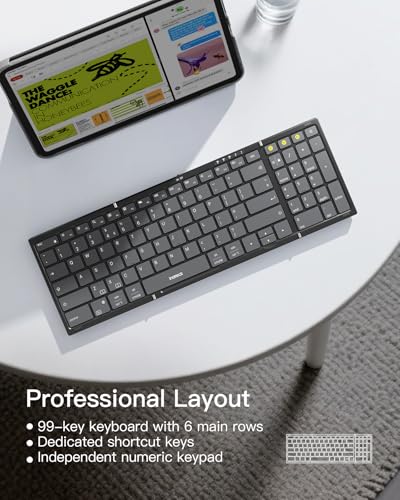 Inateck Foldable Wireless Keyboard with Number Pad, Multi-Device Bluetooth Folding Keyboard with Smart AI Function, Portable Design for iPad/iPhone/Android/Windows/Tablets, with Stand, Nomad N0135
