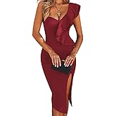 UONBOX Women's One Shoulder Sleeveless Knee Length Side Split Fashion Bandage Dress