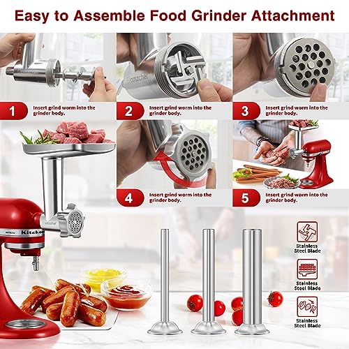 Metal Food Grinder Attachment for KitchenAid Stand Mixer, AMZCHEF Meat Grinder Attachments Included 3 Sausage Stuffer Tubes & Holder, 4 Grinding Plates, 2 Grinding Blades, Burger Press, Cleaning Brush