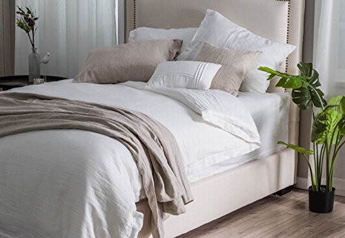 meadow park Stone Washed Linen Duvet Cover Set 3 Pieces, Queen 90 inches x 94 inches, Pillow Shams 20 inches x 26 inches, Ties Closure Style - Corner Ties - Super Soft, White