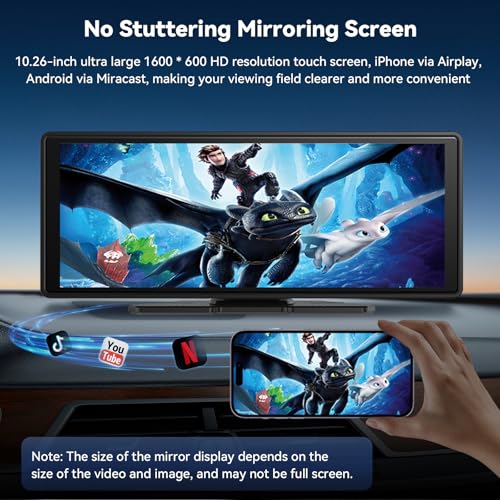 10.26" Pantalla Carplay Coche para Apple CarPlay & Android Auto, Táctil Pantalla con 4K Dash Cam / 1080P Cámara Retrovisora, CarPlay Autoradio Pantalla Táctil Soporta Doble WiFi / Video