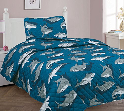 Goldenlinens Twin Size 2 Pieces (1 Bedspread + 1 Pillow Sham) Printed Bedspread/Coverlet Sets/Quilt Sets Blue Grey Shark Design # Twin Shark Quilt