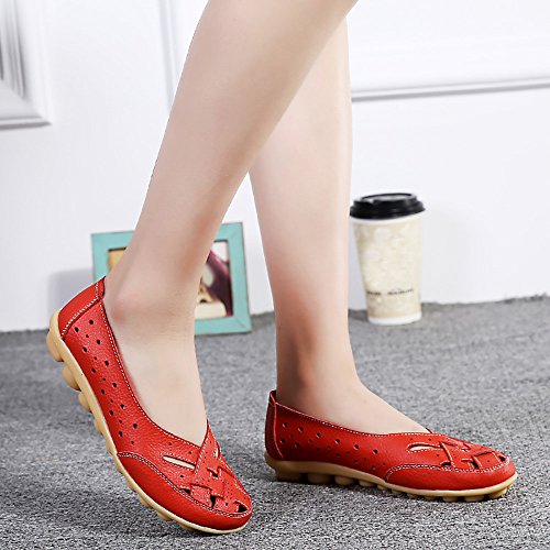 Aunimeifly Mom Comfortable Shoes Women Peas Boat Shoe Lady Criss-Cross Band Flats Hollow Out Soft Sandals Red - Thumbnail 5