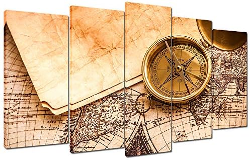 Wallfeeling Arts Map Compass Canvas Print Picture for Living Room or Office Decoration Stretched XLarge 5 Panels Painting Wall Art Print on Khaki Canvas- High Definition Modern Home Decor