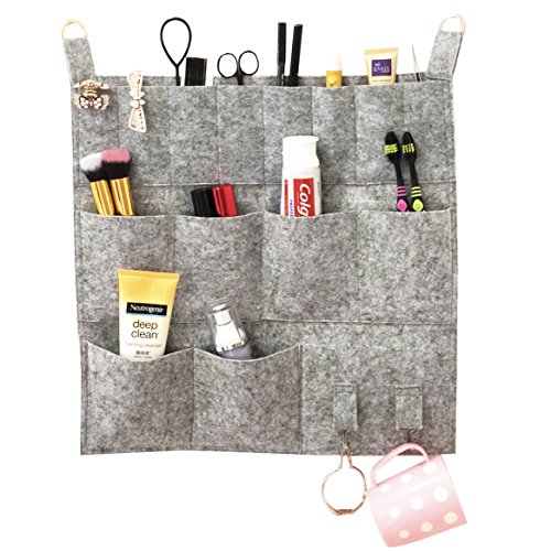 Hanging Felt Makeup Tool Organizer Bag, Mount on Wall, Pockets Toilet Wash Room, Space Saver Decorative Storage Fabric Cloth Shelves