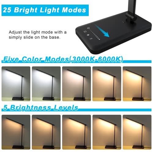 Aourow Desk Lamp LED Dimmable: Table Lamp with 5 Light Color and 5 Brightness Levels,Eye-Protection Table Light with USB Charging Port for Smartphone,Bedside Lamp with Touchscreen for Office,Children