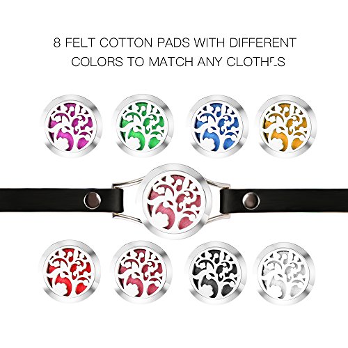 Essential Oil Diffuser Bracelet,Stainless Steel Aromatherapy Locket Bracelets Leather Band with 8 Color Pads,Girls Women Jewelry Gift Set (Tree black)