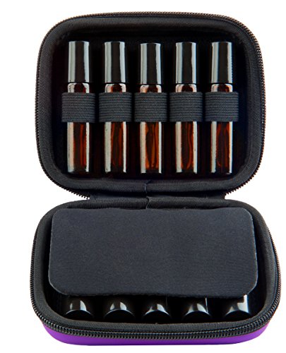 Roller Bottle Essential Oil Carrying Case Bundle with Accessories - Holds Ten 5ml & 10ml Roller Bottles- Comes W/ 6 Amber Glass Stainless Steel Roller Bottles - Free Roller Bottle Opener - Purple