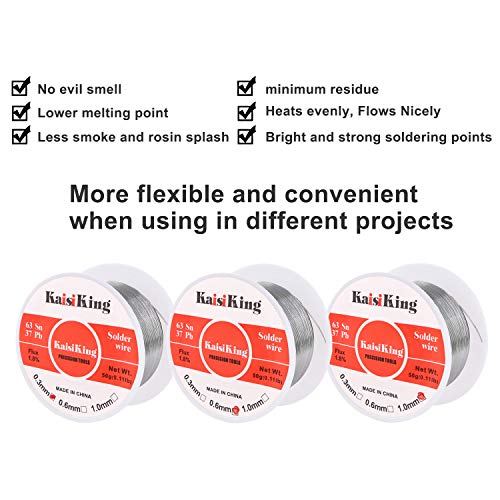 Kaisiking 63-37 0.3mm 0.6mm 1.0mm/50g Tin Lead Solder Wire Set, Rosin Core Solder Wire with Solder Wick for Electrical Soldering and DIY