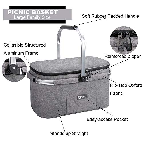 ALLCAMP Lightweight Picnic Basket Collapsible Insulated Cooler Bag for 4 Person 32L Extra Large Family Size with 2 Ice Packs(Light Gray)