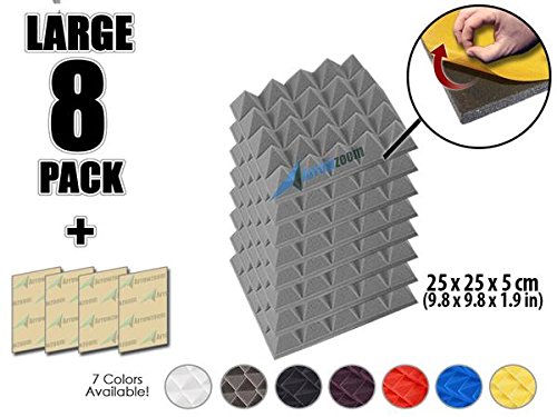 Arrowzoom New 8 Pack of 9.8" X 9.8" X 1.9" Inches Soundproofing Insulation Pyramid Self Adhesive Acoustic Foam Wall Padding Studio Foam Tiles AZ1053 (Gray)