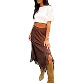 Women Lace Satin Maxi Skirt Silk Lace Trim Asymmetric Flowy A Line Skirts Side Slit Y2k Going Out Streetwear