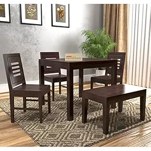 SHREE JEEN MATA ENTERPRISES - Solid Sheesham Wood Four Seater Dining Set | Wooden Dining Set with One Bench & Three Chairs for Dining Room | Hotel | Restaurant |Finish Color - Walnut Finish |