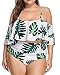 Wavely Plus Size Two Piece Swimsuits for Women Off Shoulder Ruched High Waisted Bikini Swimwear White Leaves XL